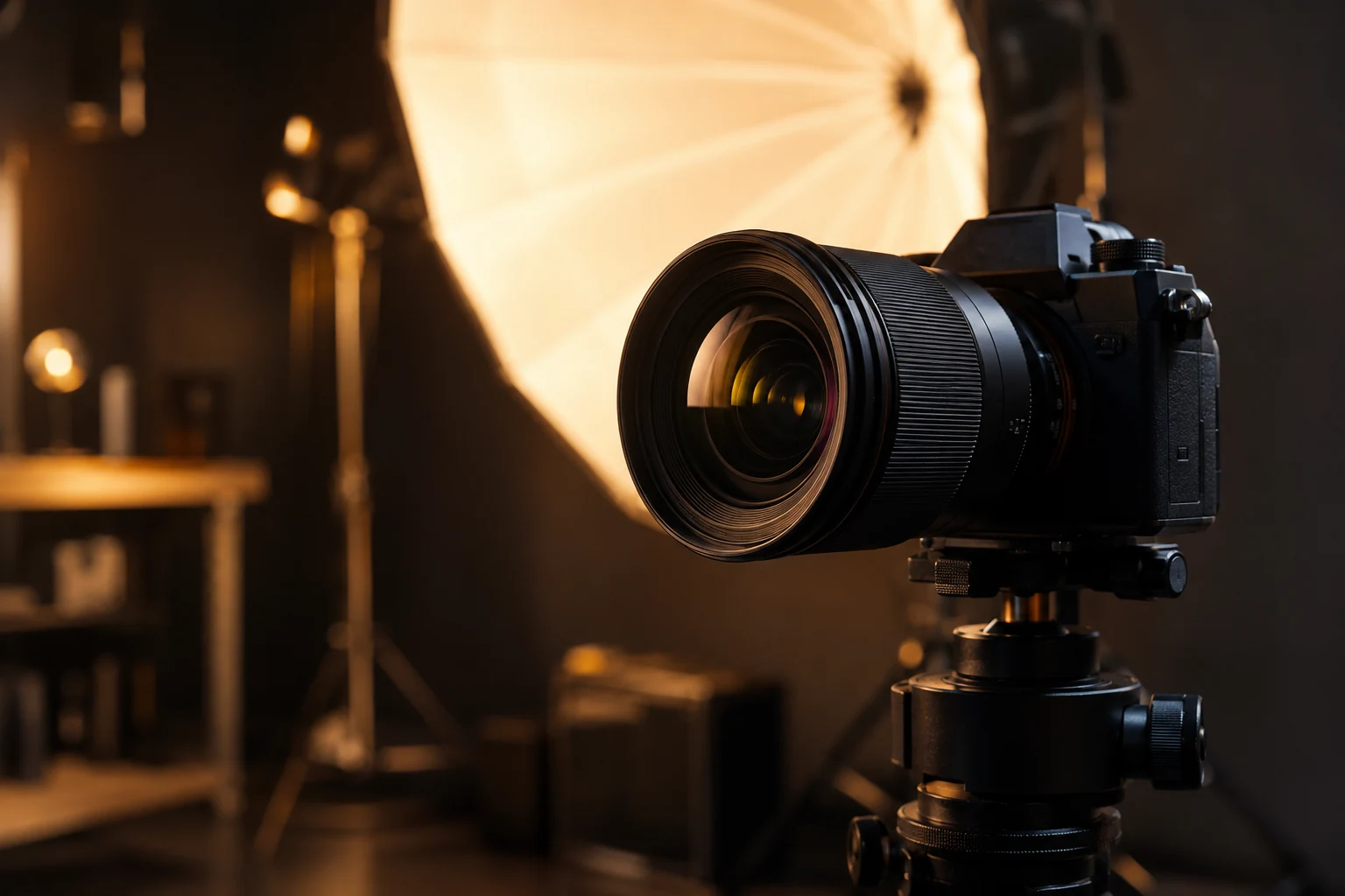 Professional camera and warm studio lighting ready for a model shoot